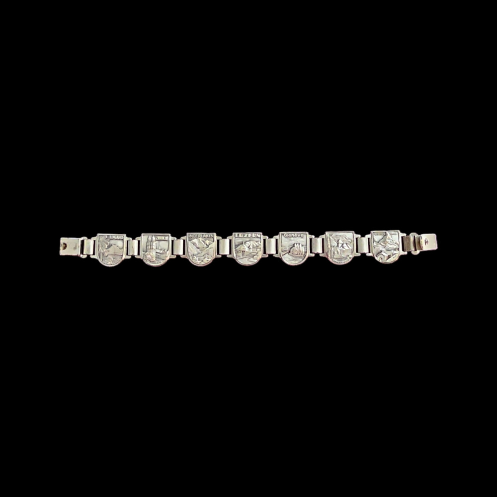 Solid Silver Swiss Tourist Bracelet Geneve, Zurich, Lugano, Interlaken Souvenir